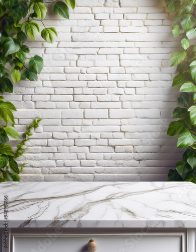 white light marble table with brick wall and then painted white. There are vines. This wall is popular in English style, vintage style. as background with copy space
