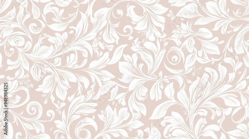   A beige and white floral wallpaper with leaves and swirls on a light pink background