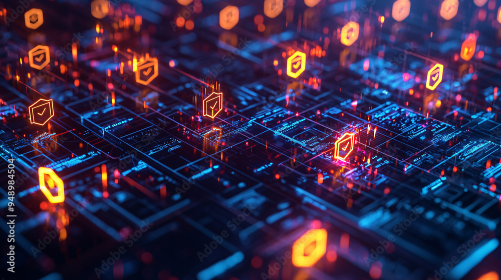 A 3D secure financial transaction interface with glowing security shields, representing the protection and integrity of online financial transactions 