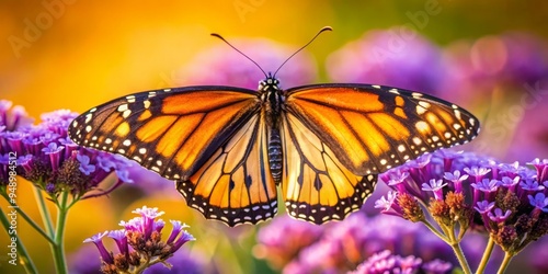 Vibrant close-up of a majestic monarch butterfly perched on a delicate purple flower, its intricate wings and antennae photo