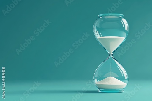 Teal Clock. Hourglass with Falling Sand on Teal Background, Time Concept