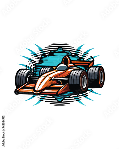 A cartoon racecar breaking the sound barrier, with a blue and white sound wave design behind it. photo