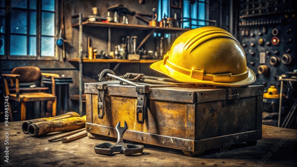A worn yellow hard hat and toolbox sit atop a metal workbench amidst scattered wrenches, pliers, and screwdrivers in a dimly lit industrial workshop setting. A worn yellow hard hat and toolbox sit atop a metal workbench amidst scattered wrenches, pliers, and screwdrivers in a dimly lit industrial workshop setting.