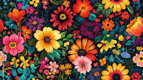  A painting of vibrant flowers against a dark backdrop in shades of red, orange, yellow, and blue