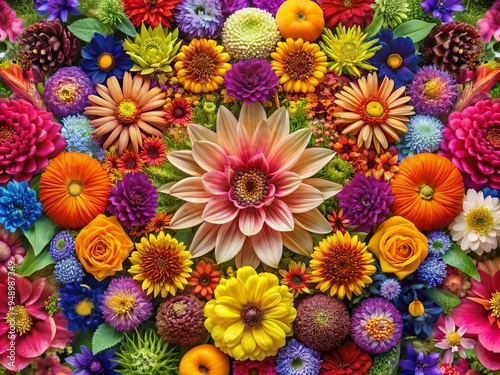 Vibrant floral arrangement showcasing a kaleidoscope of blooming flowers in varied hues, celebrating the stunning