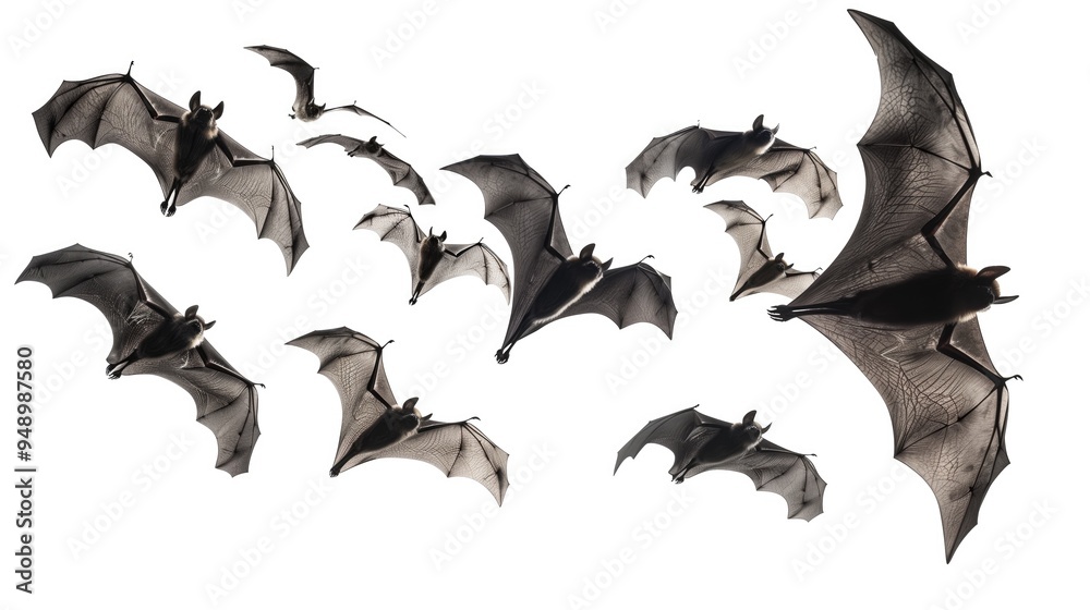 Naklejka premium Bats Flying on White Background, Animal Overlay Element Isolated Nature for Easy Editing
