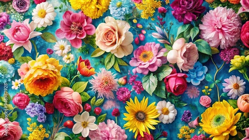 Vibrant floral patterns in shades of pink, yellow, and blue bloom across a textured wall, blending nature and art in