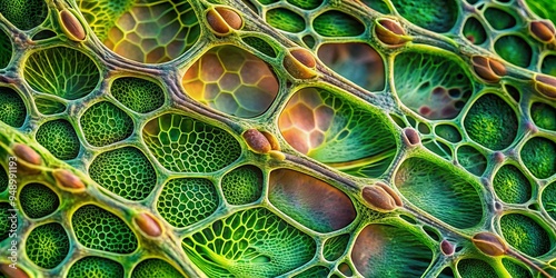 Vibrant, high-magnification image of a plant cell wall's intricate structure, showcasing layered cellulose fibers, photo