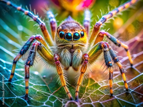 Vibrant, intricate close-up of a spider's web-adorned body, showcasing delicate leg hairs, glistening eyes, and subtle