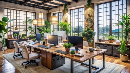 Busy modern office with multiple computer screens, papers, and office supplies cluttering the desk, surrounded by traditional Asian-inspired decorations and calming plants. photo