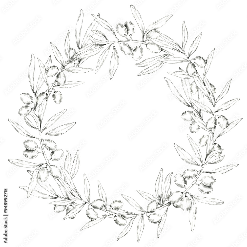 Fototapeta premium Round wreath made of olive branches, showcasing intricately detailed olives and leaves. Pencil drawing clipart for wedding invites, save the date, packaging of premium olive oil, organic cosmetics