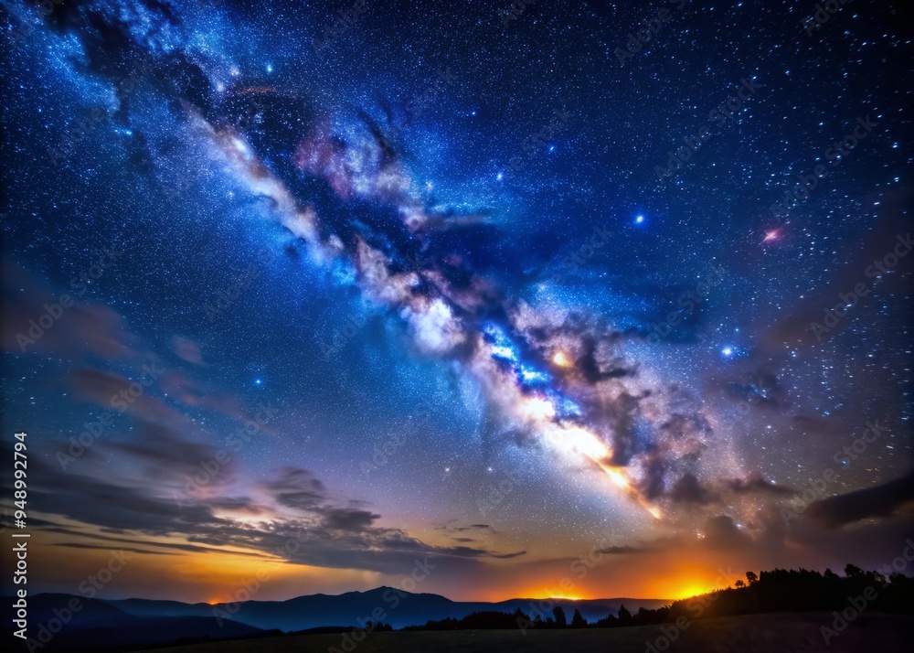 Vibrant Milky Way galaxy shines brightly amidst a dark blue starry night sky, with subtle clouds and a faint misty Vibrant Milky Way galaxy shines brightly amidst a dark blue starry night sky, with subtle clouds and a faint misty
