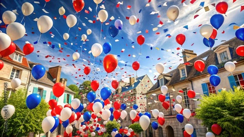 Celebrate French heritage with a vibrant scene of red, white, and blue balloons, flags, and confetti amidst a lively street party atmosphere, festive decorations abound. photo