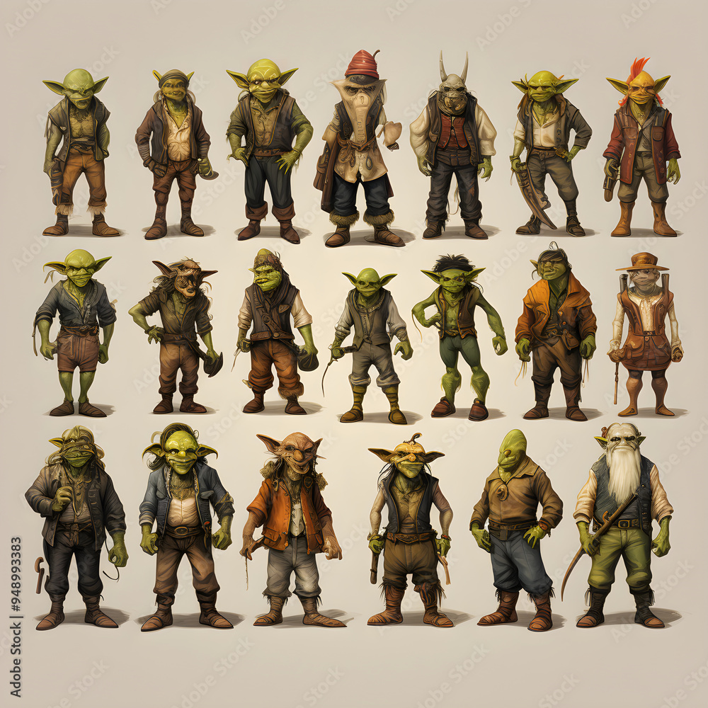 Naklejka premium Array of Goblin Costumes: A Fantastic Journey through Creepy Craftsmanship and Imaginative Design