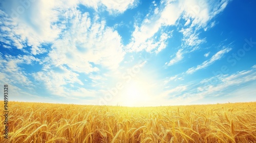 "Nature’s Bounty: Expansive Wheat Field Against a Serene Blue Sky and Cloudscape"