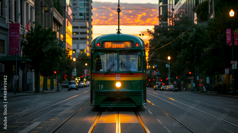 Fototapeta premium Trolley Car Driving Down Street Next Tall