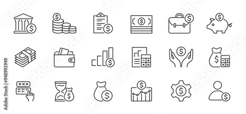 Money icon set. Finance, economy, banking, payment, cash wallet. Vector