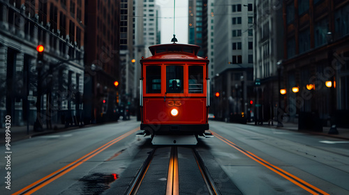 Trolley Car Driving Down Street Next Tall