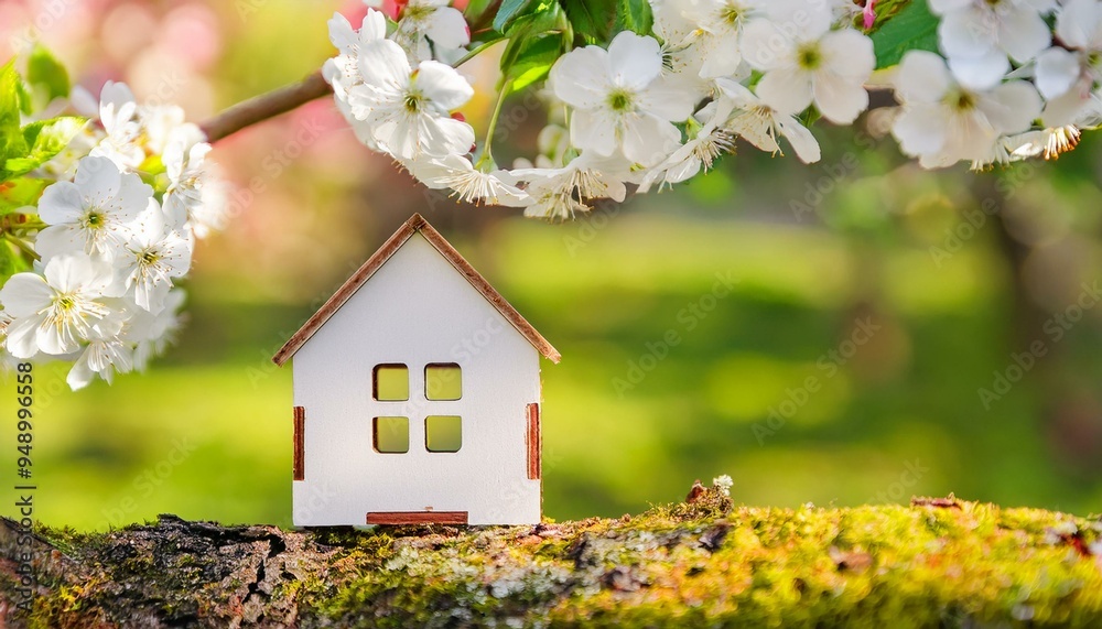 spring season nature background. miniature toy house on cherry flowers tree, abstract green backdrop. concept of mortgage, construction, rental, property. family, eco-home symbol. template for design