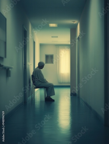 Wallpaper Mural An elderly individual sits quietly on a chair in a stark, empty corridor of a nursing home, embodying a profound sense of solitude. Generative AI Torontodigital.ca