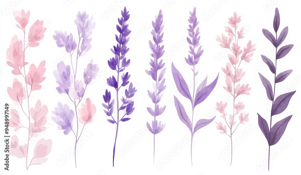 Fototapeta premium Watercolor lavender branch clip art, set on a white background