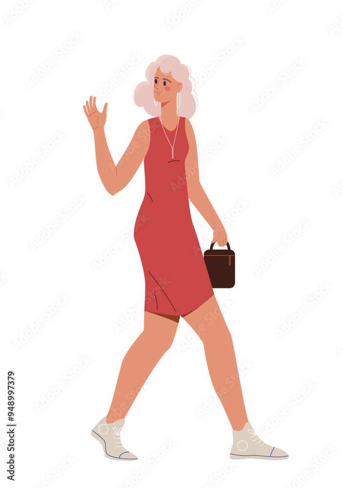 Person greeting concept. Woman wave hands. Cheerful person in casual clothes shows hand gesture and says hello. Positive feelings and emotions. Flat vector illustration isolated on white background Person greeting concept. Woman wave hands. Cheerful person in casual clothes shows hand gesture and says hello. Positive feelings and emotions. Flat vector illustration isolated on white background