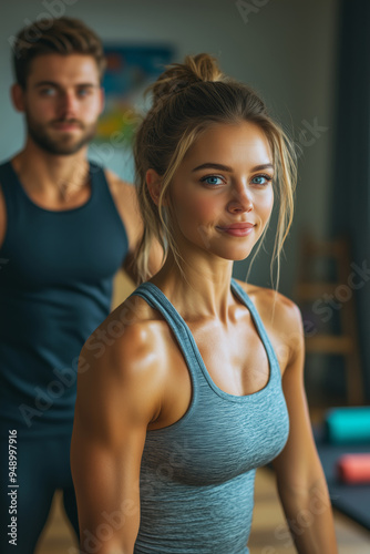 A couple embracing fitness together at home during morning workouts to achieve their health goals and strengthen their bond