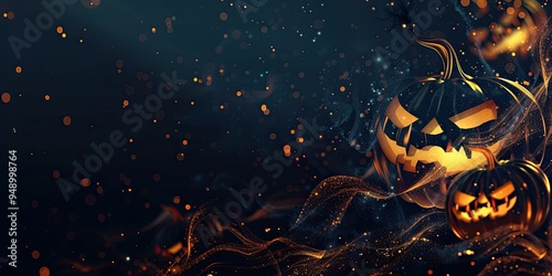 Glowing jack-o'-lanterns float in a dark, mystical setting, surrounded by swirling orange light and shimmering particles. Halloween. Copy space