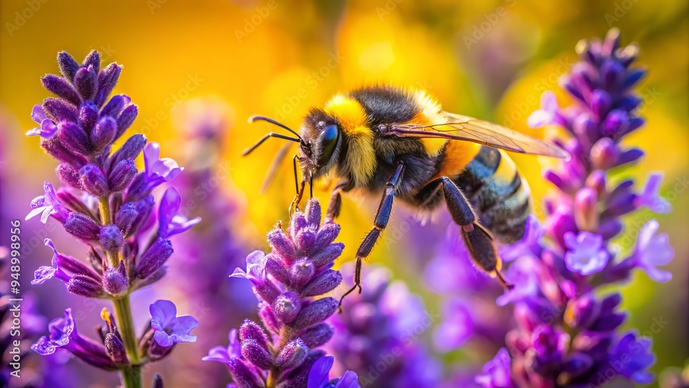 Vibrant yellow and black bee gathers nectar from delicate purple flowers in a warm, sunny meadow, showcasing intricate Vibrant yellow and black bee gathers nectar from delicate purple flowers in a warm, sunny meadow, showcasing intricate