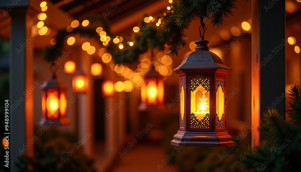 Festively lit Christmas lanterns hanging outside an Indian home blending traditional elements with holiday cheer Festively lit Christmas lanterns hanging outside an Indian home blending traditional elements with holiday cheer