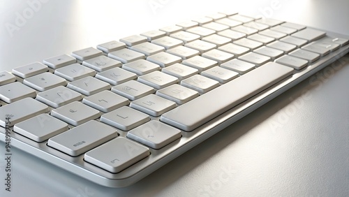 Close-up of a modern white keyboard with clean and shiny keys, illuminated by soft natural light, against a pure white background, conveying modernity and simplicity.