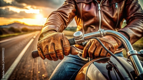 Close-up of a rider's worn, supple leather gloves grasping motorcycle handlebars, creased and faded from miles of adventure on the open road.