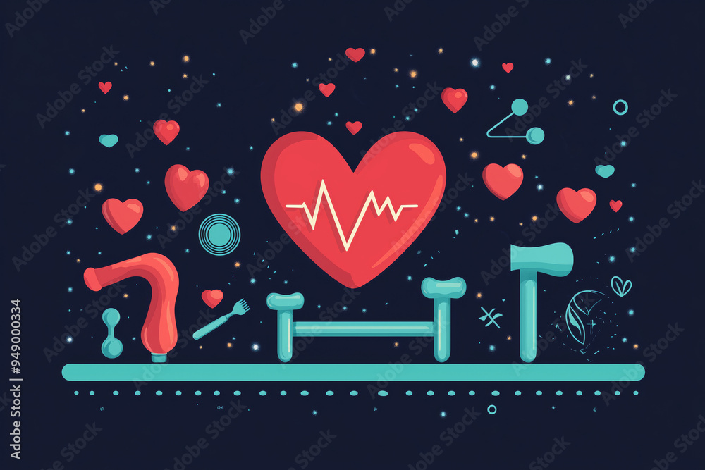 Heart health icons illustrating a dynamic cardio lifestyle with fitness and wellness elements amidst vibrant hearts and creativity Heart health icons illustrating a dynamic cardio lifestyle with fitness and wellness elements amidst vibrant hearts and creativity