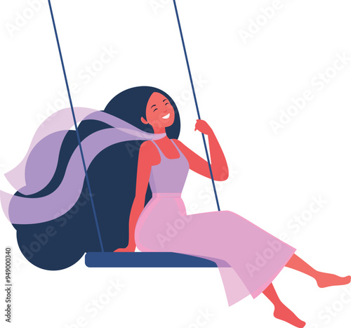 Happy woman enjoys swing while floating in the sky. Concept of mental and physical health, happiness. Vector illustration in flat style