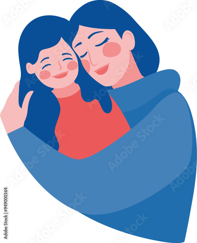 Vector illustration in flat style of a mother tenderly hugging her little daughter. Concept of maternal love and protection and safe happy childhood