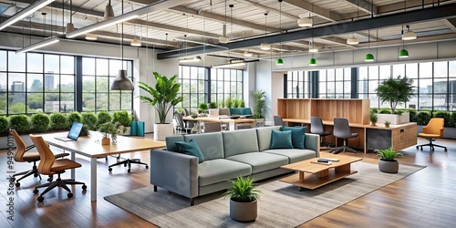 Collaborative team workspace with flexible seating and modernist aesthetic
