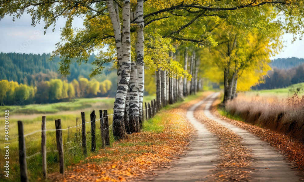 Naklejka premium path in the autumn forest, country road in autumn