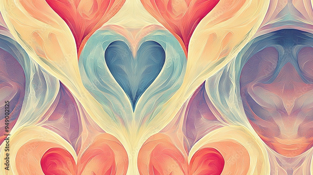A Heart Encircled by Colorful Swirls on Pink, Blue, Yellow, Red Background A Heart Encircled by Colorful Swirls on Pink, Blue, Yellow, Red Background