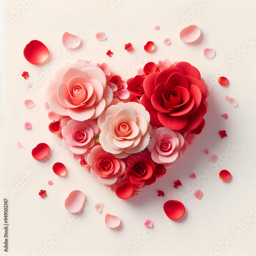 pink rose buds are arranged in a heart shape on a white background, symbolizing love and romance.