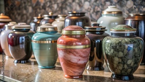 The image displays a collection of ornate urns made from various materials, arranged on a polished surface