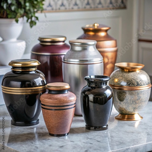 The image displays a collection of ornate urns made from various materials and finishes, arranged on a polished surface