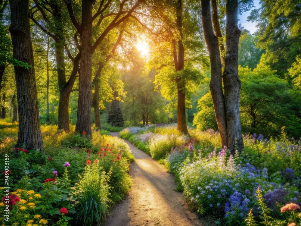 Winding dirt path surrounded by lush greenery, towering trees, and vibrant wildflowers, leads to a serene and idyllic