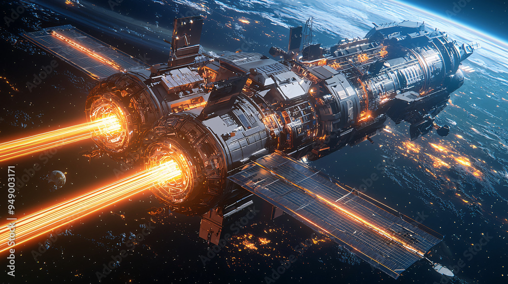 Neon-glowing energy beams powering a sleek space station orbiting Earth, showcasing space exploration and sustainable technology Neon-glowing energy beams powering a sleek space station orbiting Earth, showcasing space exploration and sustainable technology