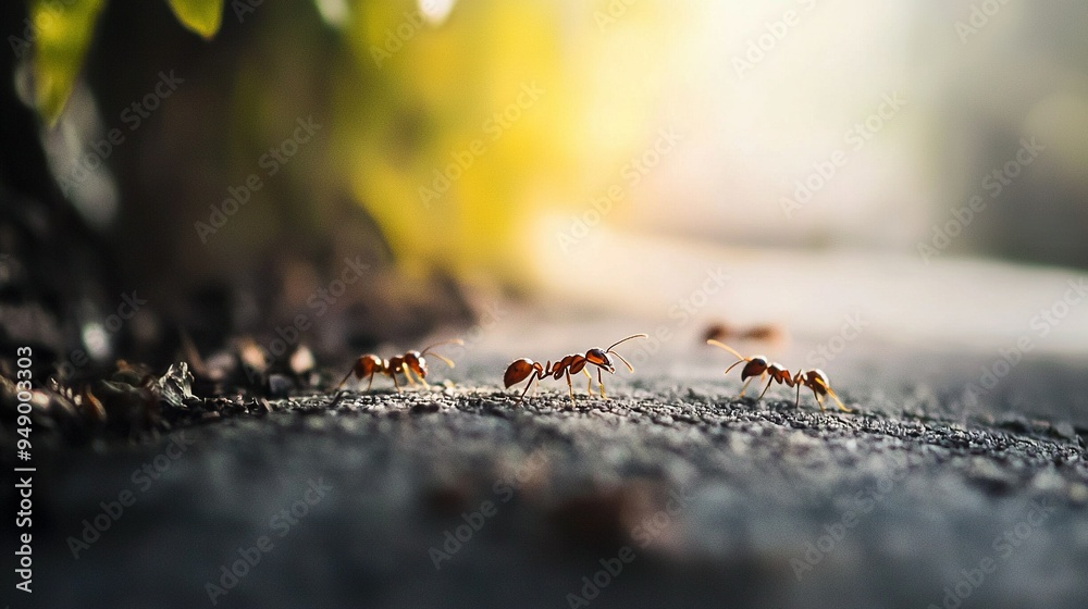 A group of ants crawling on the edge of a sunlit road alongside a lush green tree A group of ants crawling on the edge of a sunlit road alongside a lush green tree