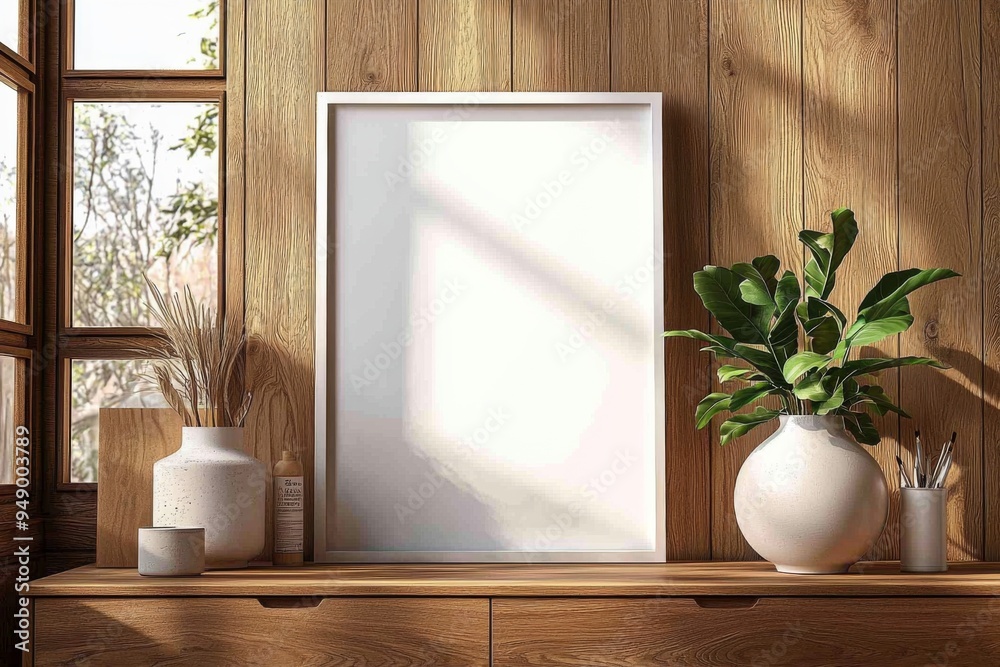Poster Frame Mockup on Wooden Interior Background created with Generative AI Poster Frame Mockup on Wooden Interior Background created with Generative AI