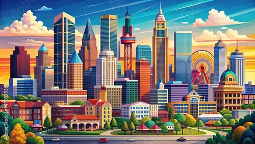 Colorful illustration of Atlanta's skyline featuring iconic landmarks, vibrant city streets, and bold typography, blending modern style with southern charm and urban energy. photo