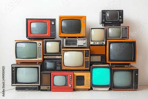 A collection of old vintage retro tv television sets in a stack