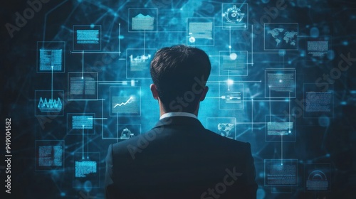 Person examining a mind map or organigram on a virtual screen, examining a business structure or hierarchy