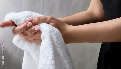 Hands wiping with a white towel, hygiene