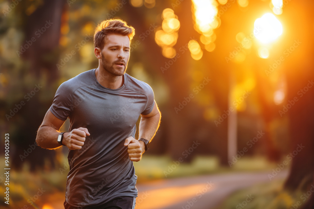 Man jogging in the park, with heart rate monitors on his wrists, green trees in the background, warm sunrise Man jogging in the park, with heart rate monitors on his wrists, green trees in the background, warm sunrise